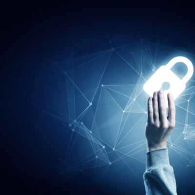 Abstract hand holding up illuminated padlock L