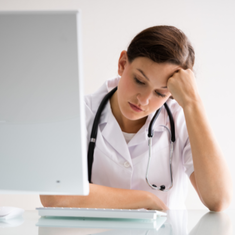 Burdened female doctor at desktop computer