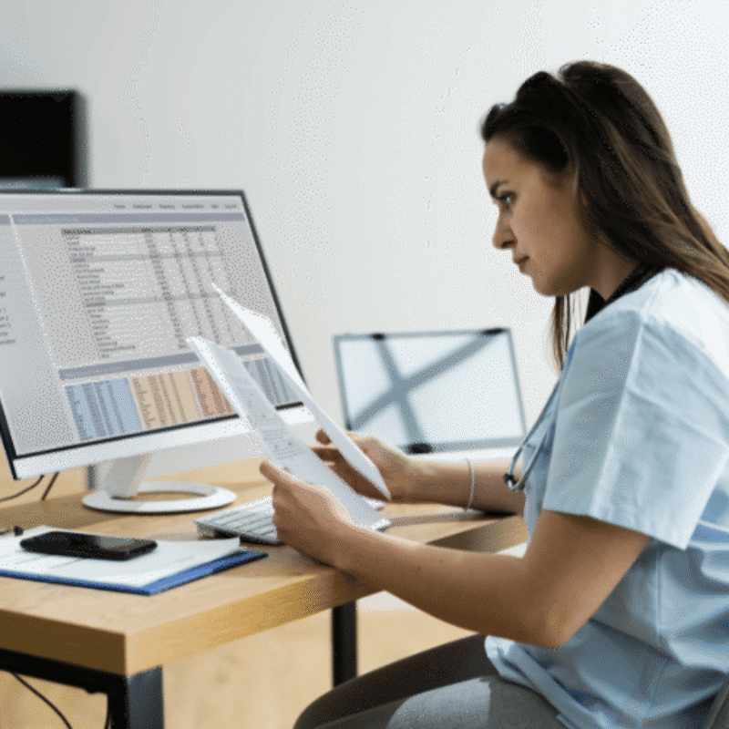 Clinician in scrubs sitting at desktop computer examining paper and digital data