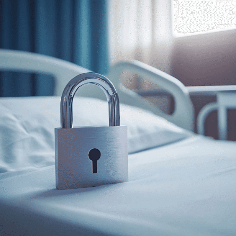 Silver padlock sitting on hospital bed