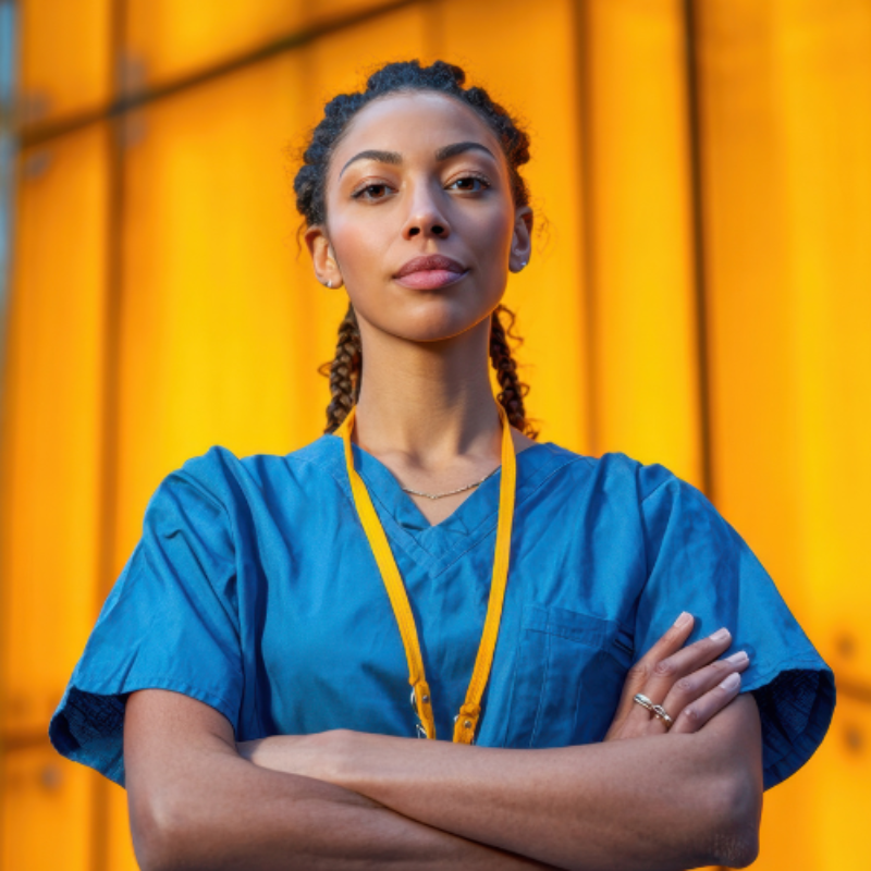 Stern but calm female healthcare worker in blue scrubs with arms folded