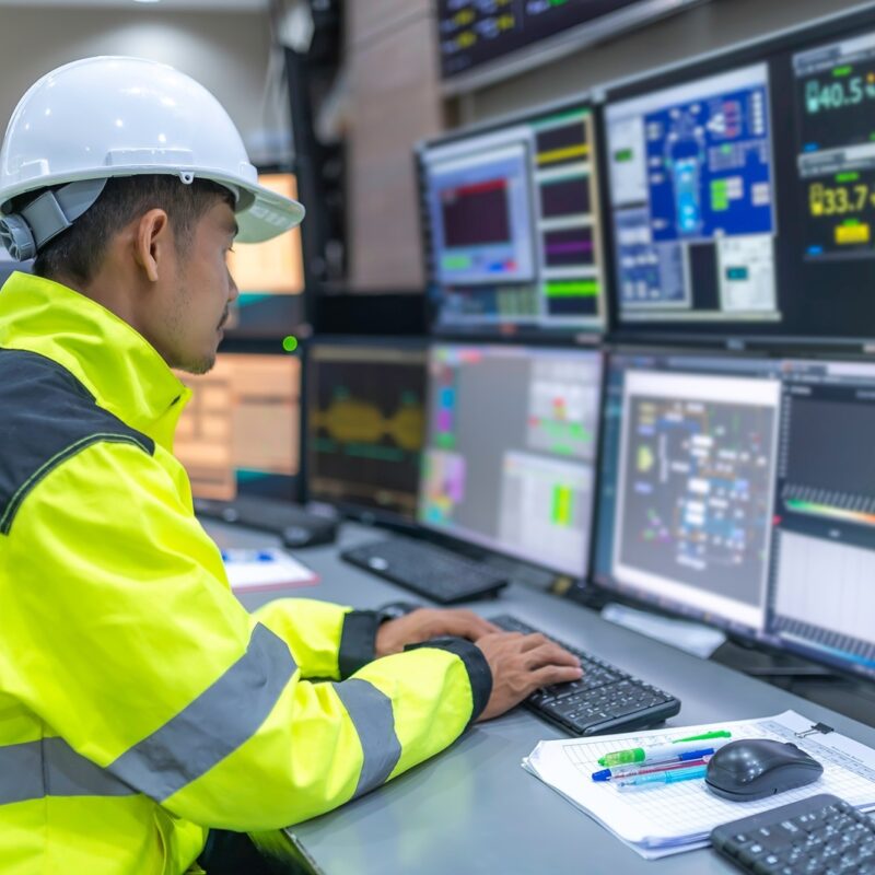 Worker in high vis jacket at control centre workstation