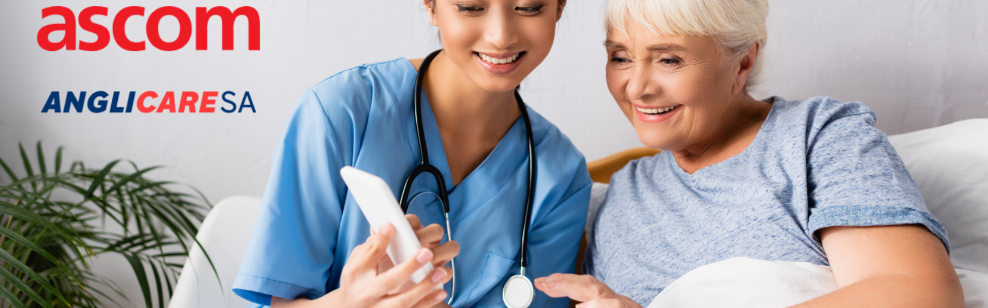 Nurse and older patient looking at mobile phone (Ascom and AnglicareSA logos)