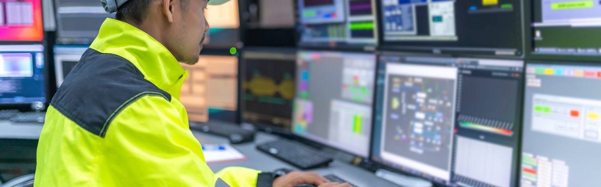 Worker in high vis jacket at control centre workstation